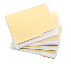 Photo of Many file folders with papers isolated on white, top view
