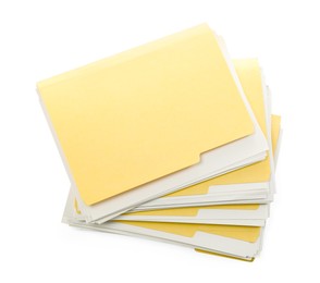 Photo of Many file folders with papers isolated on white, top view