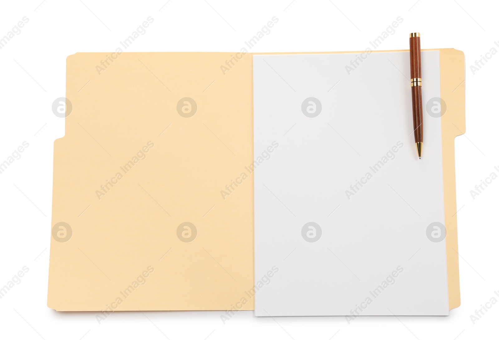 Open paper file folder with blank sheet and pen isolated on white, top view Photo of Open paper file folder with blank sheet and pen isolated on white, top view