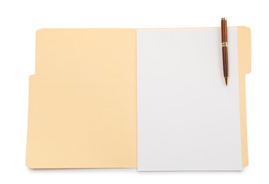 Photo of Open paper file folder with blank sheet and pen isolated on white, top view