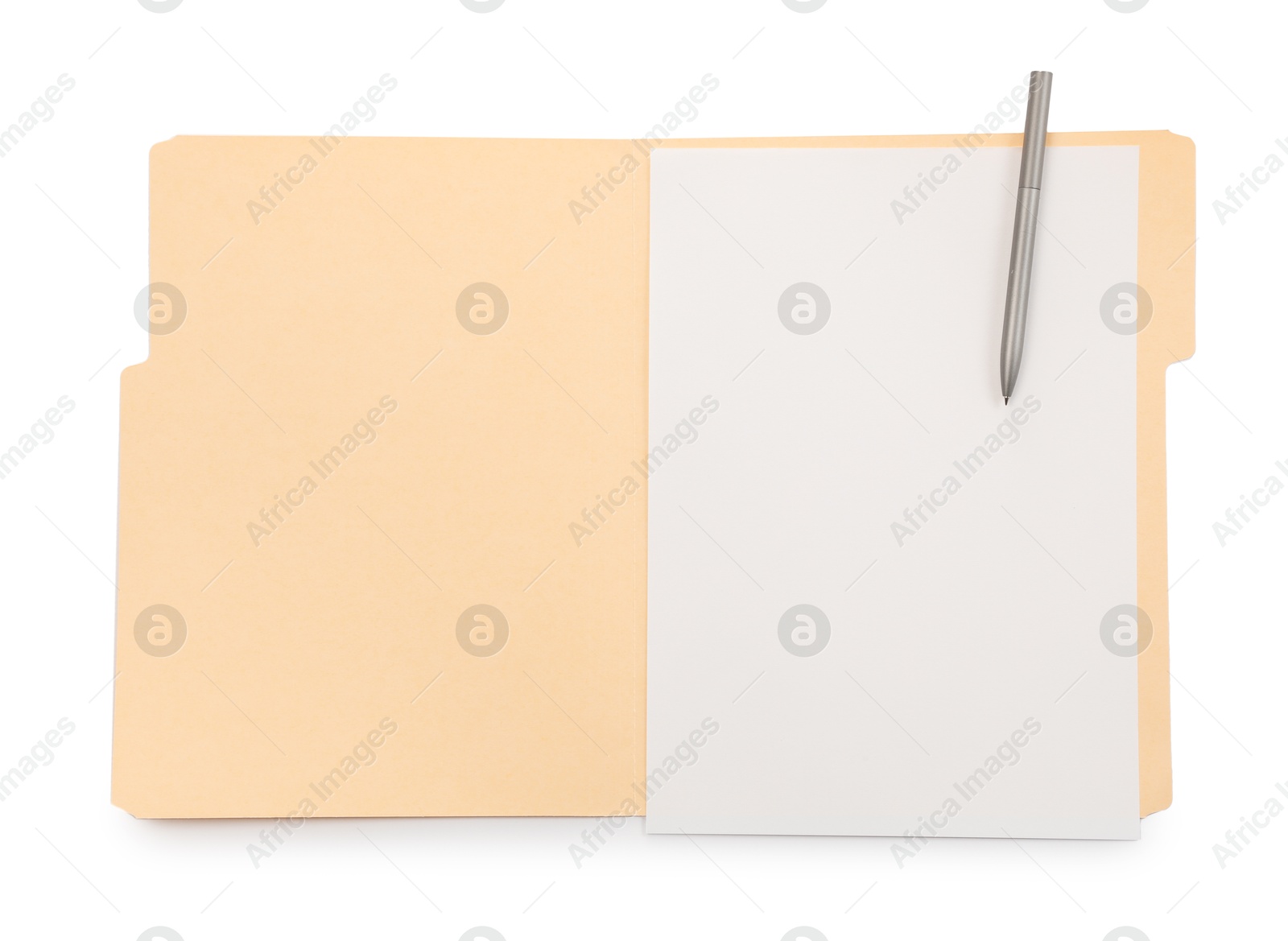 Open paper file folder with blank sheet and pen isolated on white, top view Photo of Open paper file folder with blank sheet and pen isolated on white, top view