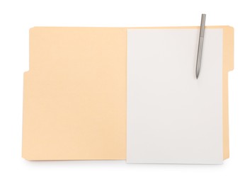Photo of Open paper file folder with blank sheet and pen isolated on white, top view