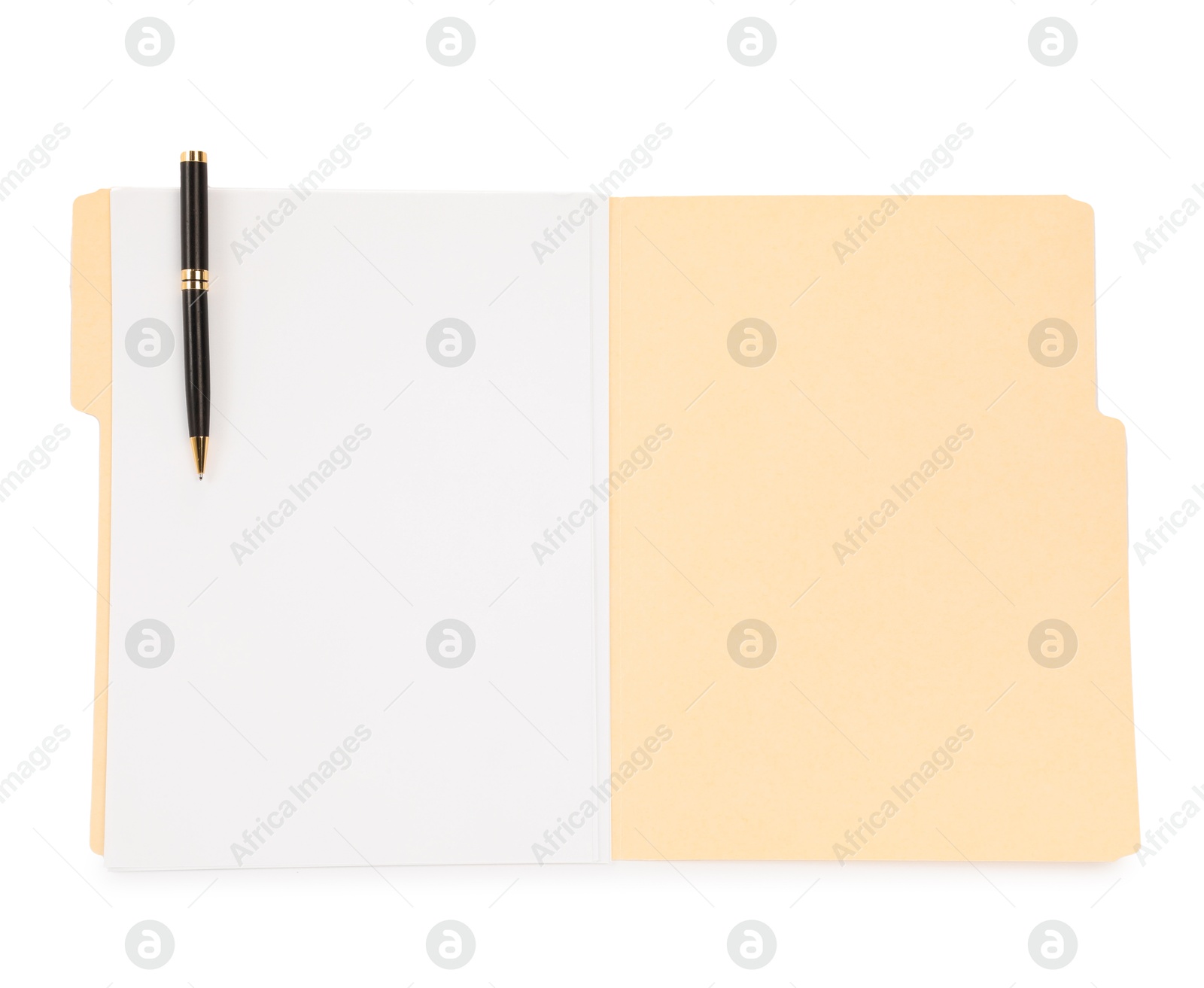 Open paper file folder with blank sheet and pen isolated on white, top view Photo of Open paper file folder with blank sheet and pen isolated on white, top view