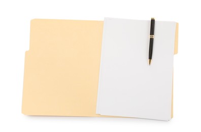 Photo of Open paper file folder with blank sheet and pen isolated on white, top view