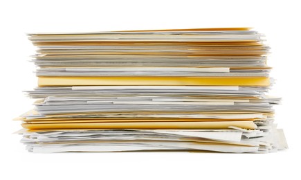 Photo of Stack of file folders with papers isolated on white
