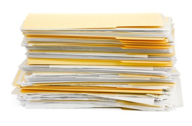 Photo of Stack of file folders with papers isolated on white