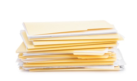 Photo of Stack of file folders with papers isolated on white