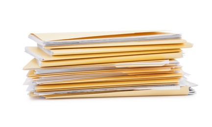 Photo of Stack of file folders with papers isolated on white
