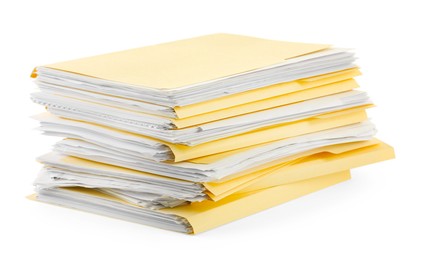 Photo of Stack of file folders with papers isolated on white