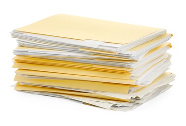 Photo of Stack of file folders with papers isolated on white
