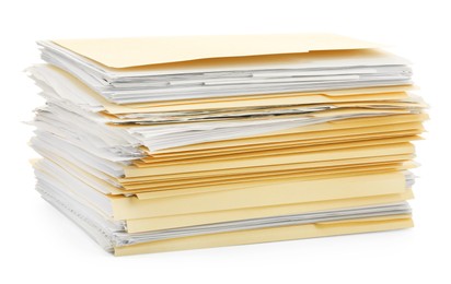 Photo of Stack of file folders with papers isolated on white