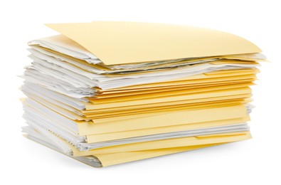 Photo of Stack of file folders with papers isolated on white
