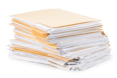Photo of Stack of file folders with papers isolated on white