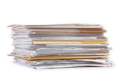 Photo of Stack of file folders with papers isolated on white