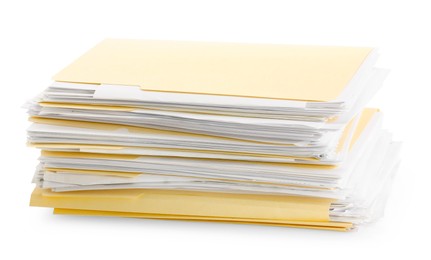 Photo of Stack of file folders with papers isolated on white