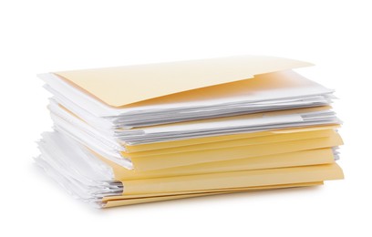 Photo of Stack of file folders with papers isolated on white