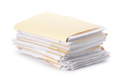 Photo of Stack of file folders with papers isolated on white