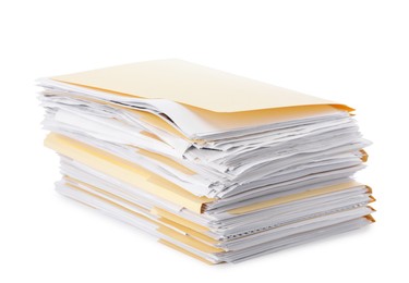 Photo of Stack of file folders with papers isolated on white