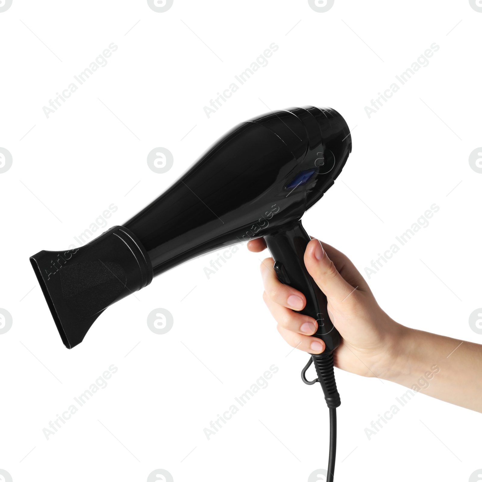Woman with hair dryer on white background, closeup Photo of Woman with hair dryer on white background, closeup