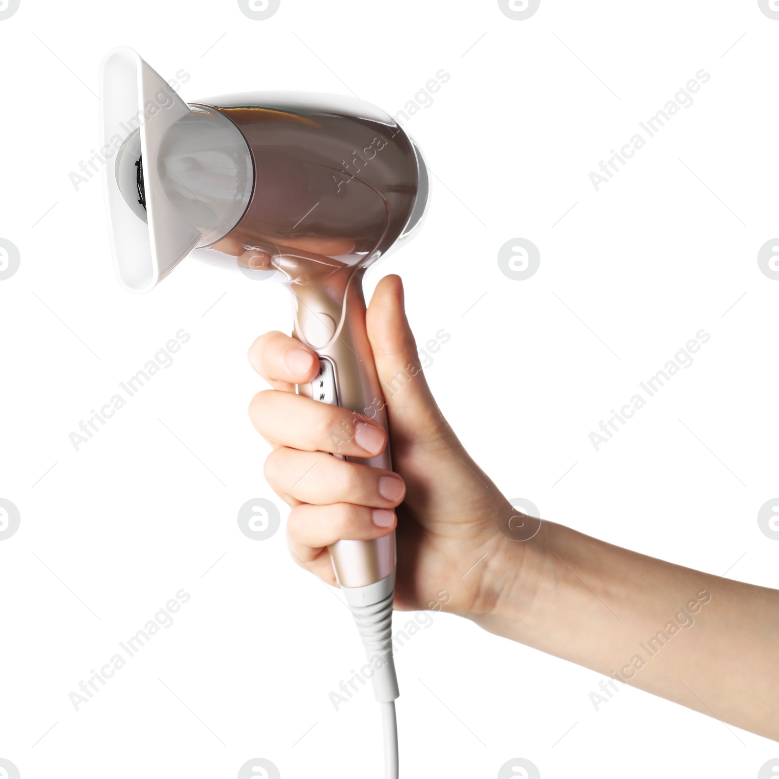 Photo of Woman with hair dryer on white background, closeup