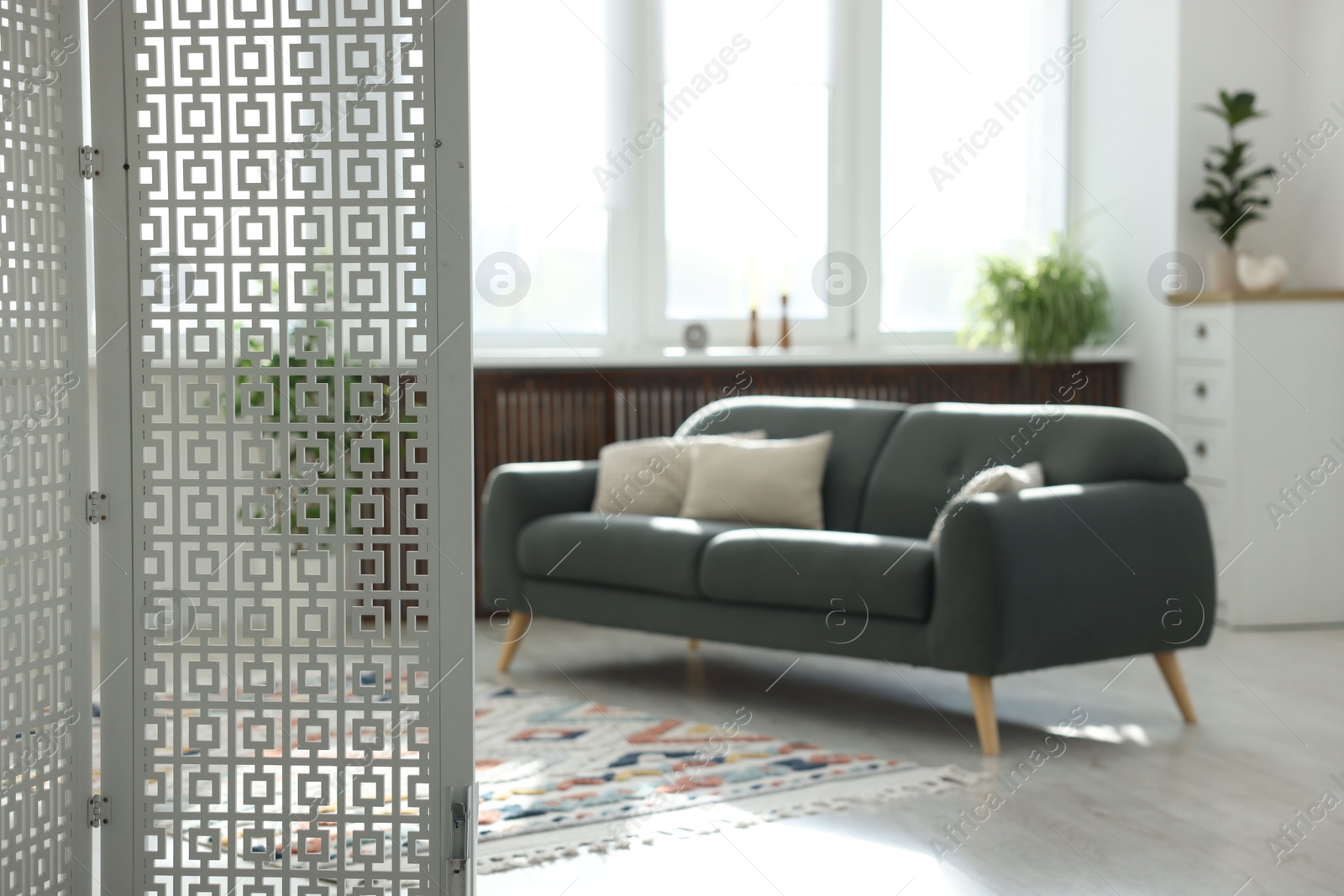 Comfortable sofa and folding screen indoors, selective focus. Interior design Photo of Comfortable sofa and folding screen indoors, selective focus. Interior design