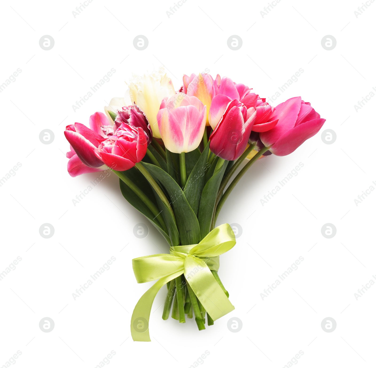 Bouquet of beautiful tulips isolated on white, top view Photo of Bouquet of beautiful tulips isolated on white, top view