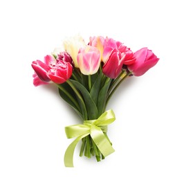 Photo of Bouquet of beautiful tulips isolated on white, top view