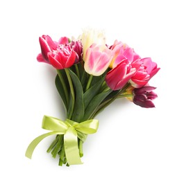 Photo of Bouquet of beautiful tulips isolated on white, top view