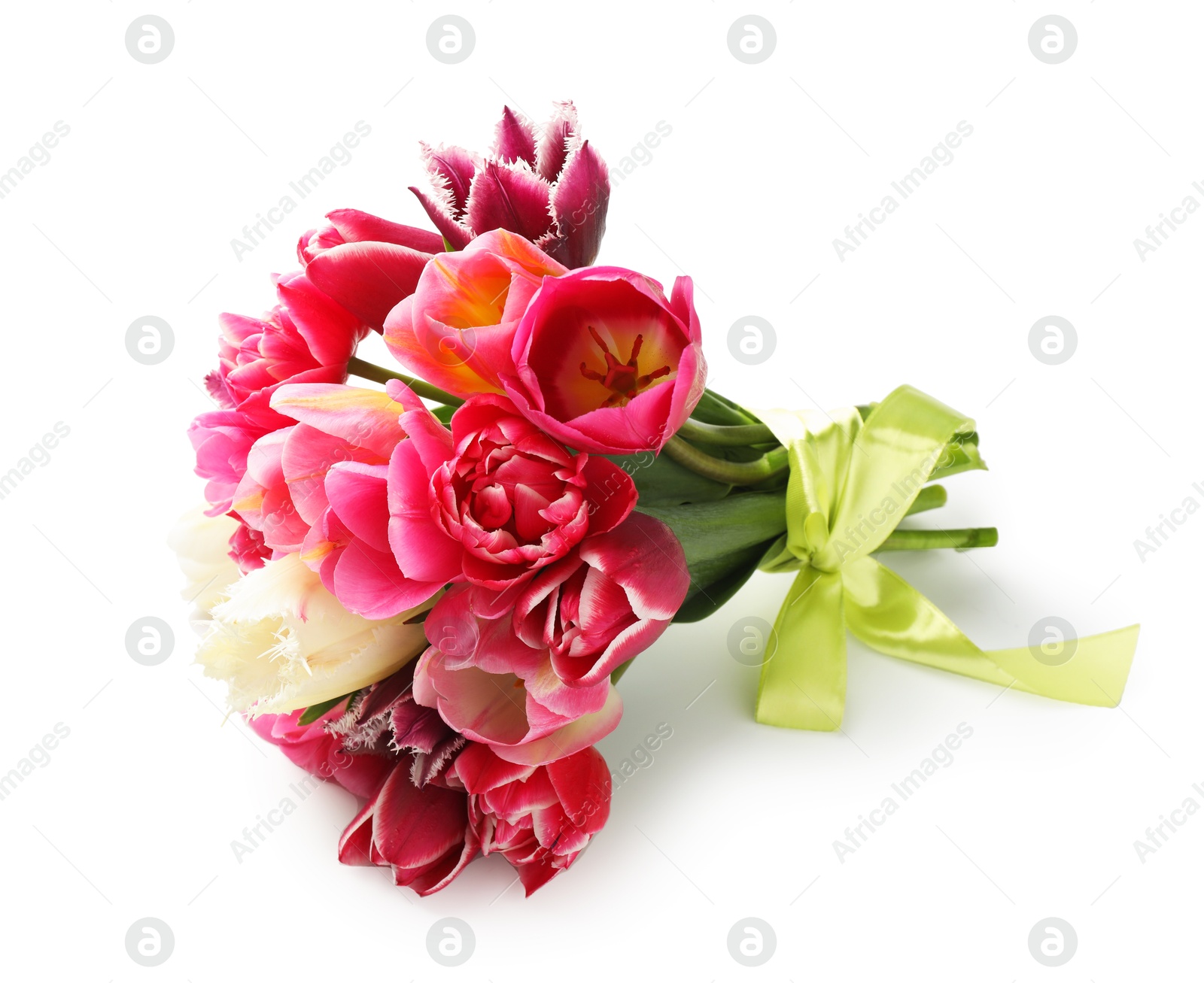 Bouquet of beautiful tulips isolated on white Photo of Bouquet of beautiful tulips isolated on white