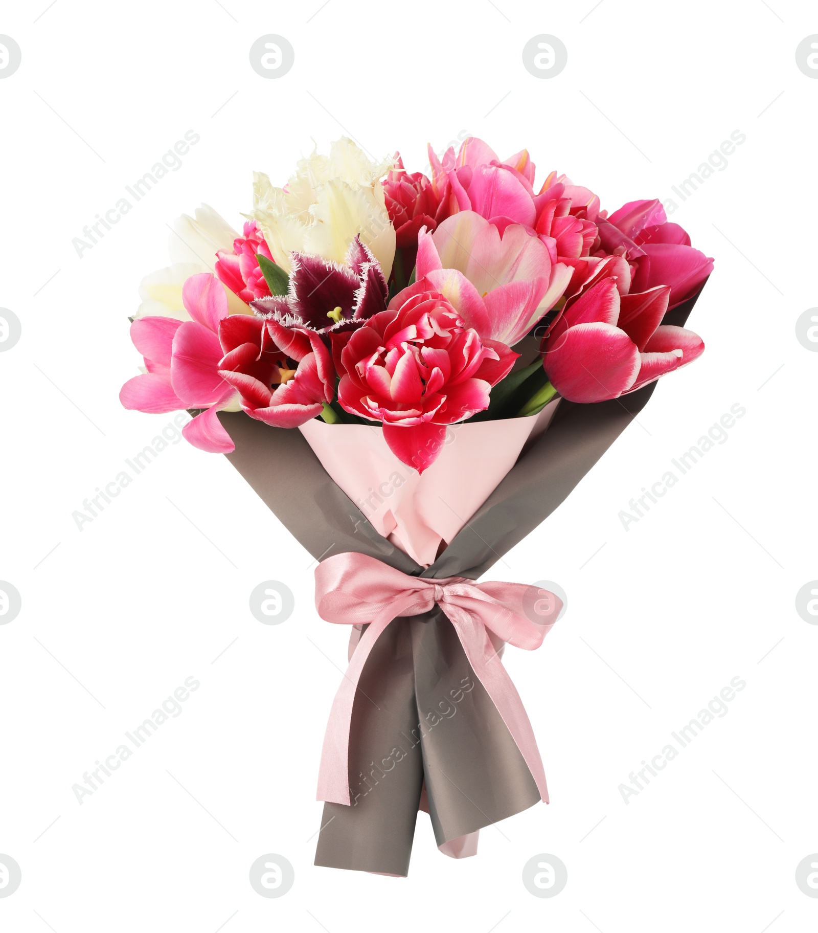 Bouquet of beautiful tulips isolated on white Photo of Bouquet of beautiful tulips isolated on white