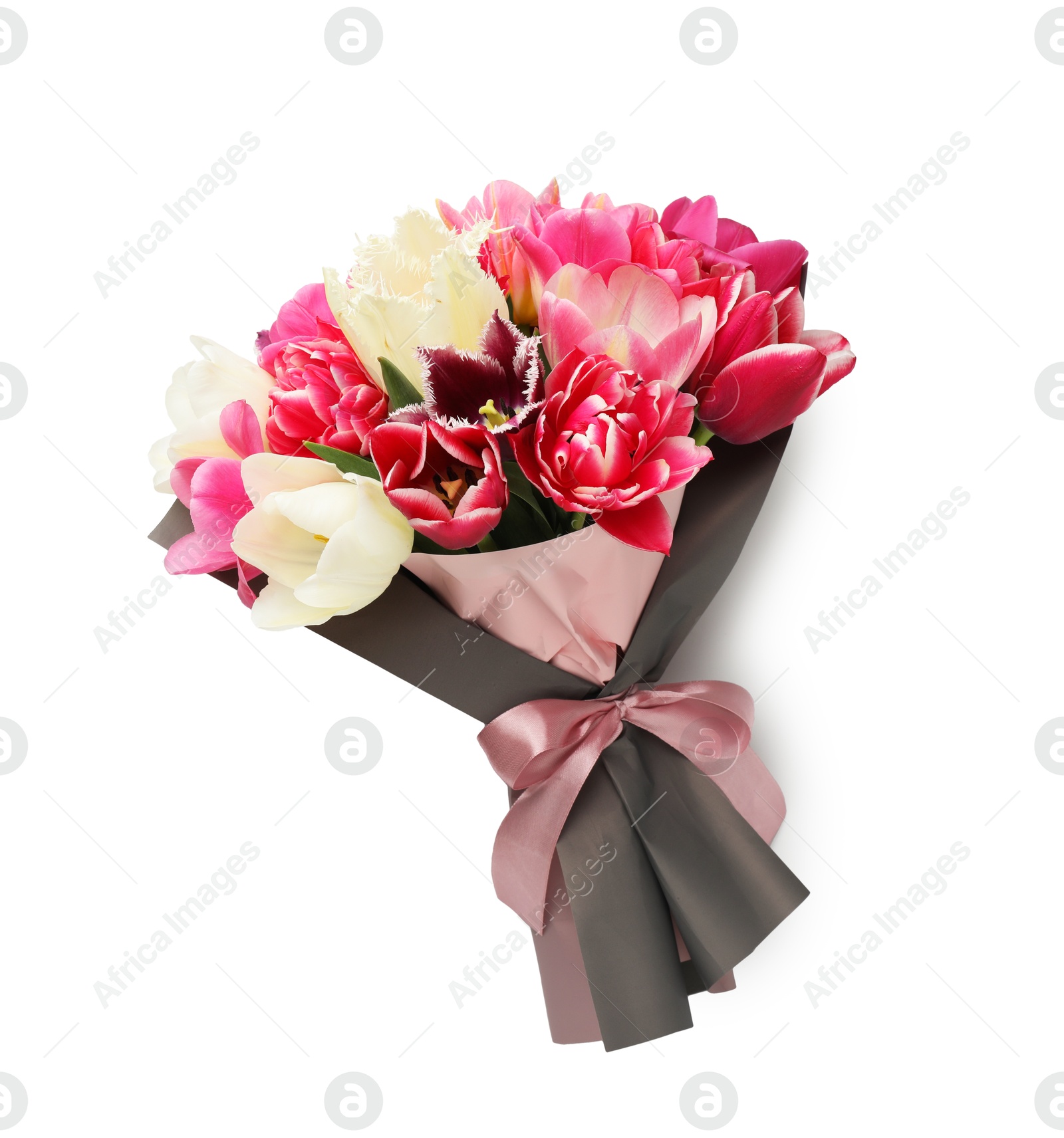 Photo of Bouquet of beautiful tulips isolated on white, top view