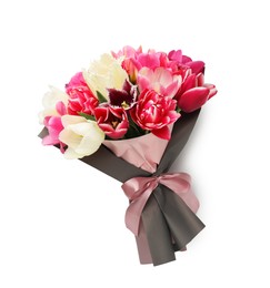 Photo of Bouquet of beautiful tulips isolated on white, top view