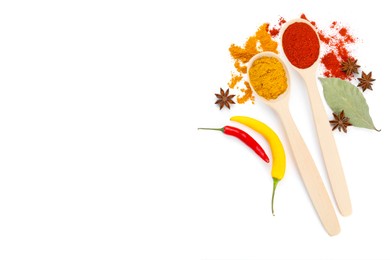 Photo of Different aromatic spices isolated on white, top view