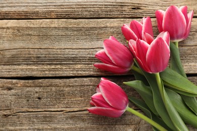 Photo of Beautiful tulips on wooden background, top view. Space for text
