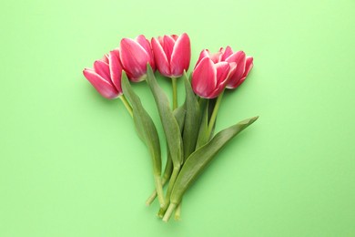 Photo of Beautiful tulip flowers on green background, top view