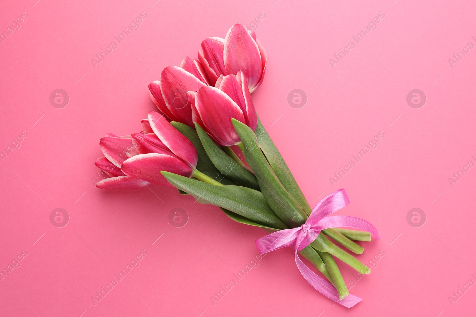 Bouquet of beautiful tulips on pink background, top view Photo of Bouquet of beautiful tulips on pink background, top view