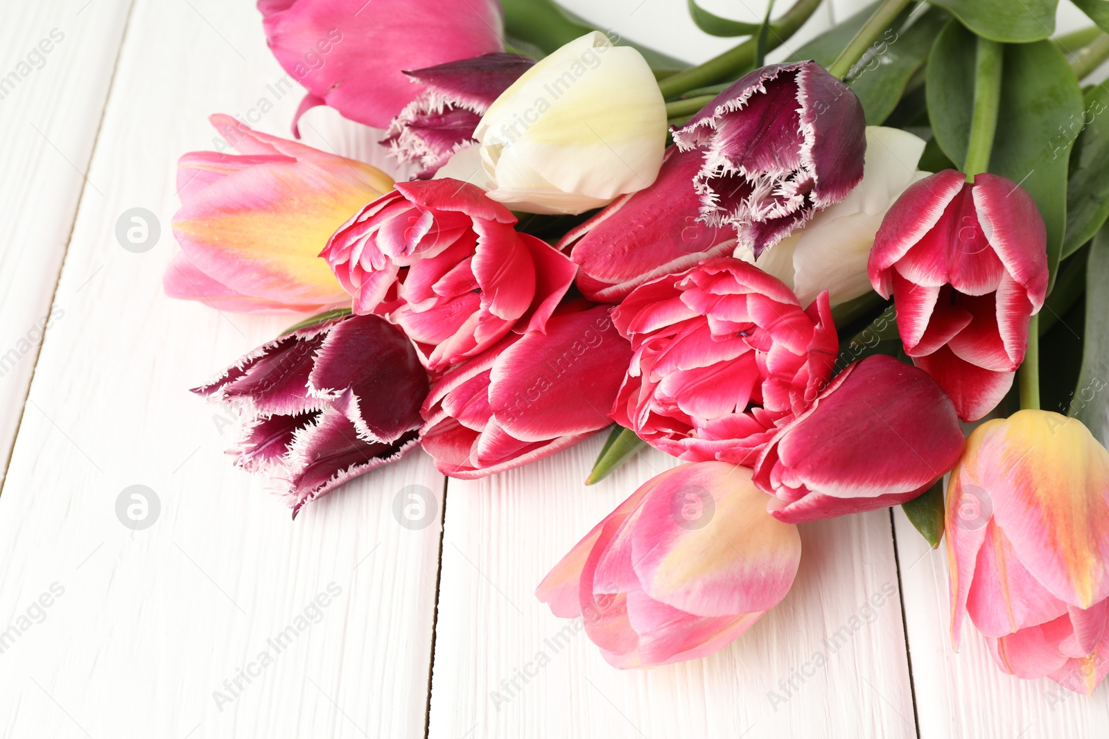 Photo of Beautiful tulips on white wooden background, closeup