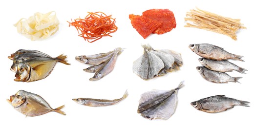 Image of Different dried fish snacks isolated on white, set
