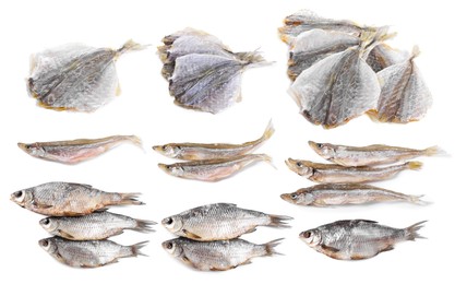 Image of Different dried fish isolated on white, set