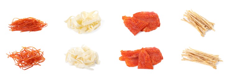 Image of Dried fish snacks isolated on white, set