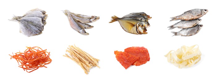 Image of Different dried fish snacks isolated on white, set