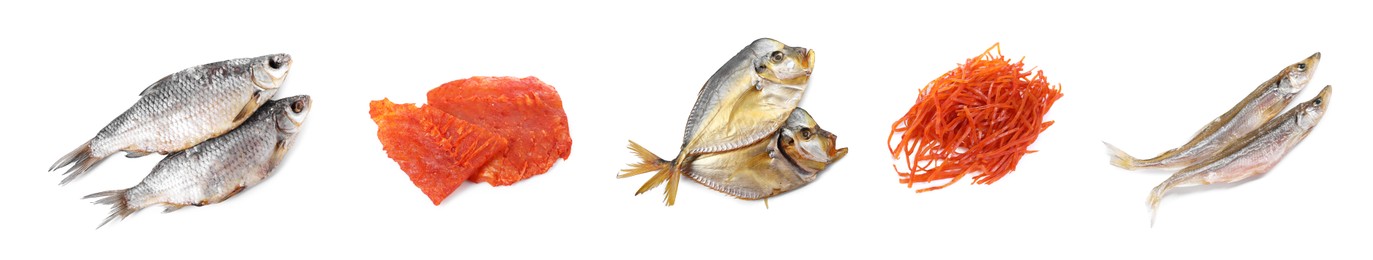 Image of Different dried fish snacks isolated on white, set