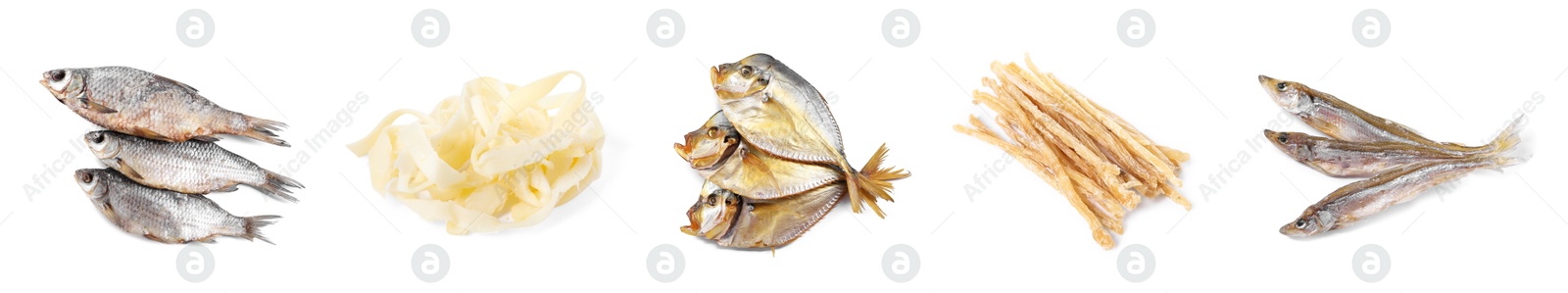 Different dried fish snacks isolated on white, set Image of Different dried fish snacks isolated on white, set