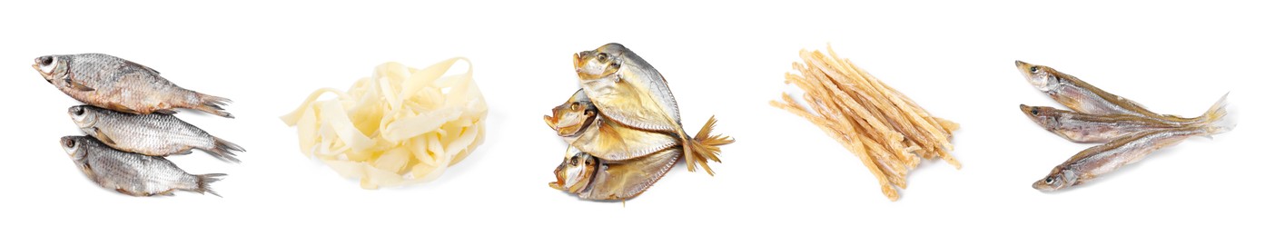 Image of Different dried fish snacks isolated on white, set