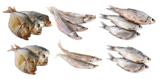 Image of Different dried fish isolated on white, set