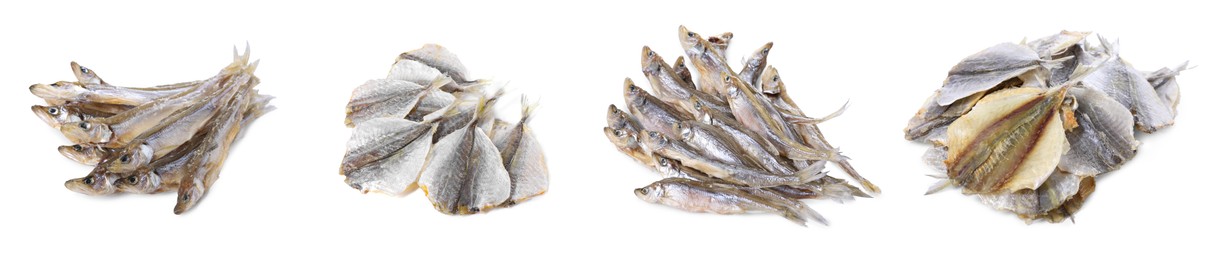 Image of Different dried fish isolated on white, set