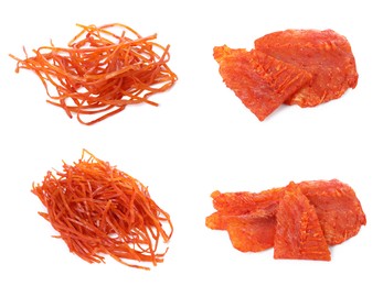 Image of Dried spicy fish snacks isolated on white, set