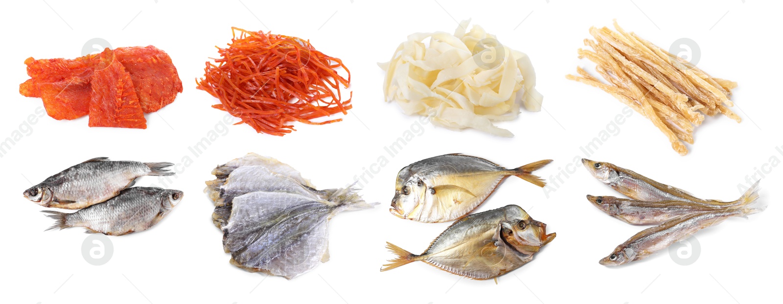 Different dried fish snacks isolated on white, set Image of Different dried fish snacks isolated on white, set