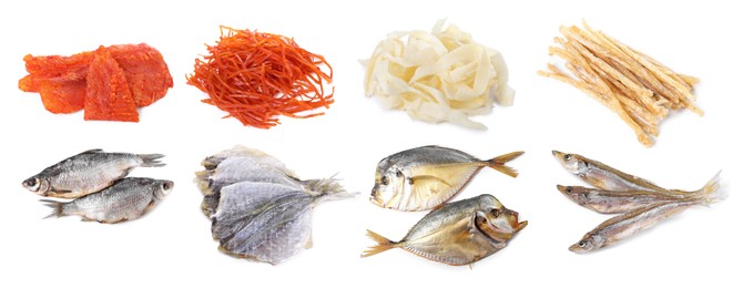 Image of Different dried fish snacks isolated on white, set