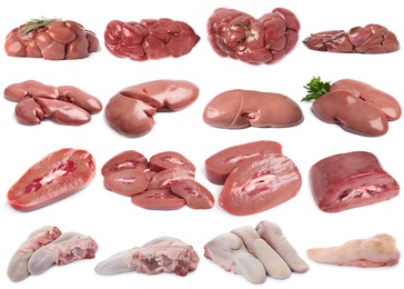 Image of Fresh raw organ meats on white background, set